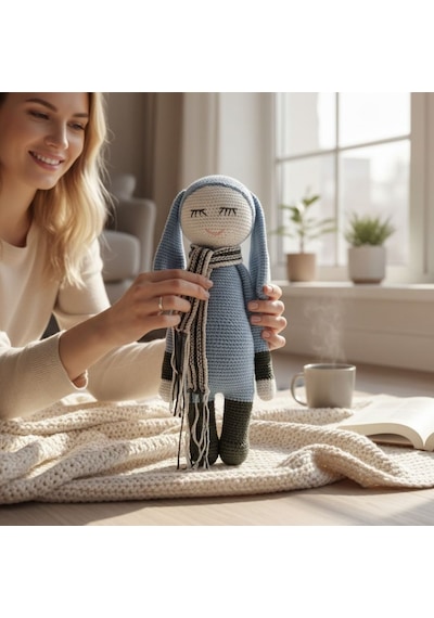 Uyuyan Oyuncak Tavşan El İşi %100 Pamuk Amigurumi Oyuncak Mavi