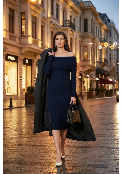 Lela Premium Fitilli Carmen Yaka Slim Fit Midi Boy Triko Bayan Elbise 680El00033 Lacivert Lela Premium Fitilli Carmen Yaka Slim Fit Midi Boy Triko Bayan Elbise 680El00033 Lacivert