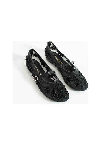Dabab Shoes Flora Kadın Siyah İnci İşlemeli Tül Dokulu Bantlı Babet Düz Ayakkabı