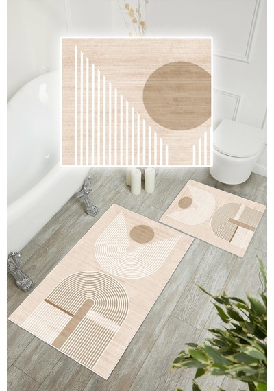 Dijital Baskı Modern Kaymaz Taban 2li Set Banyo Paspası Klozet Takımı 50x60cm-60x100cm Krem