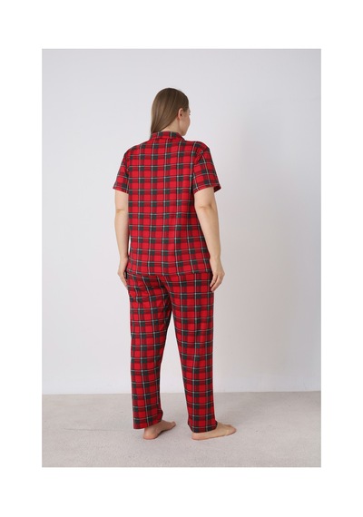 Estiva Kadın Kareli Kırmızı Kısa Kollu Önden Düğmeli Soft Battal Pijama Takımı Çok renkli