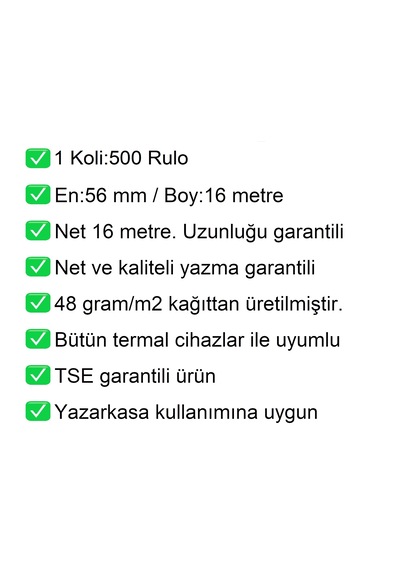 56x16 Metre Termal Kredi Kartı Ve Yazarkasa Pos Rulosu1 Koli:500 Adet Rulo