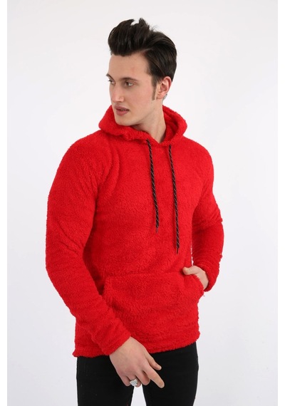 Modish Kapşonlu Kanguru Cepli Erkek Günlük Pelüş Sweatshirt Kırmızı