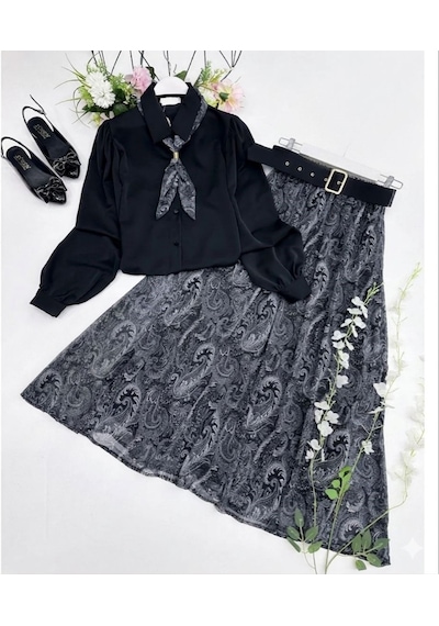 Lovie Moda Kadın Gömlek Fular Detaylı Kemer Etekli Takım - Siyah