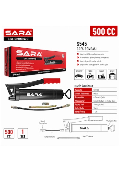 Sara S545 Profesyonel 500 Cc Metal Gres Pompası Esnek Hortumlu, Düz Borulu Ve 4 Tırnaklı Uçlu