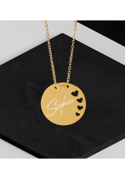 Bitmeyenkartus Kişiye Özel Isimli Gold Yuvarlak Kalpler Kolye Altın