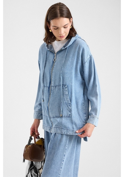 Olcay Fermuar Kapamalı Kapüşonlu Soft Denim Ceket Pantolon İkili Takım Açık Mavi 9402-tk