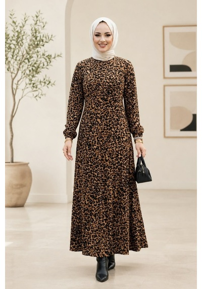 Hb Harma Time Butik Kadın Fermuarlı Leopar Desenli Viskon Tesettür Elbise Siyah