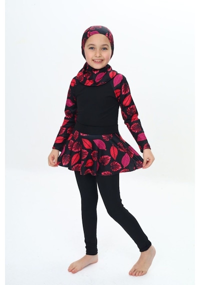 My Kids Wear Üç Parça Kız Çocuk Haşema, Tesettür, Etekli, Kapalı Mayo Mint Yeşili - Pembe