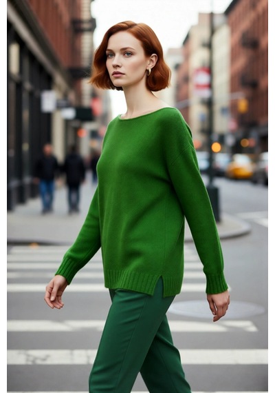 Ersefa Kadın Basic Kayık Yaka Oversize Triko Kazak Rahat Ve Şık İlkbahar Yeşil