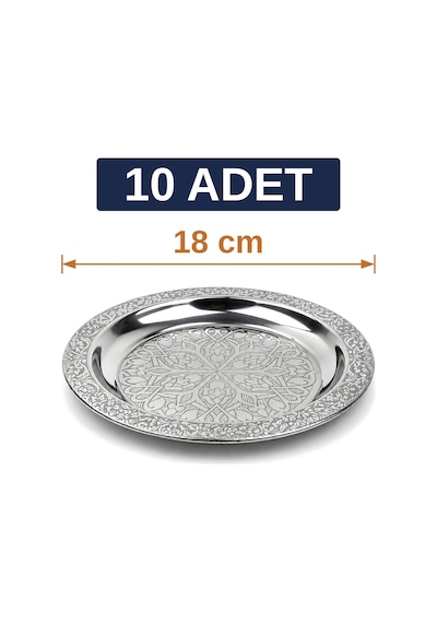 Binbir Trend 18 Cm İşlemeli Kenarlı Otantik Desenli Krom Çelik Meze Ve Servis Tabağı 10 Adet