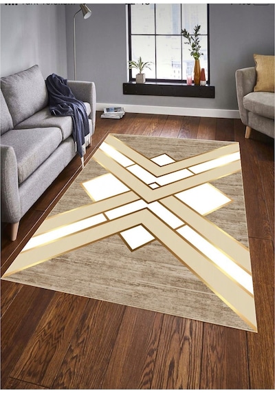 Krem Kaymaz Tabanlı Yıkanabilir Halı Kilim Yolluk Dijital Baskı