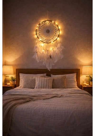Led Işıklı Düş Kapanı Dreamcatcher Beyaz Kuş Tüyü Rüya Kapanı Duvar Süsü Elişi Diğer