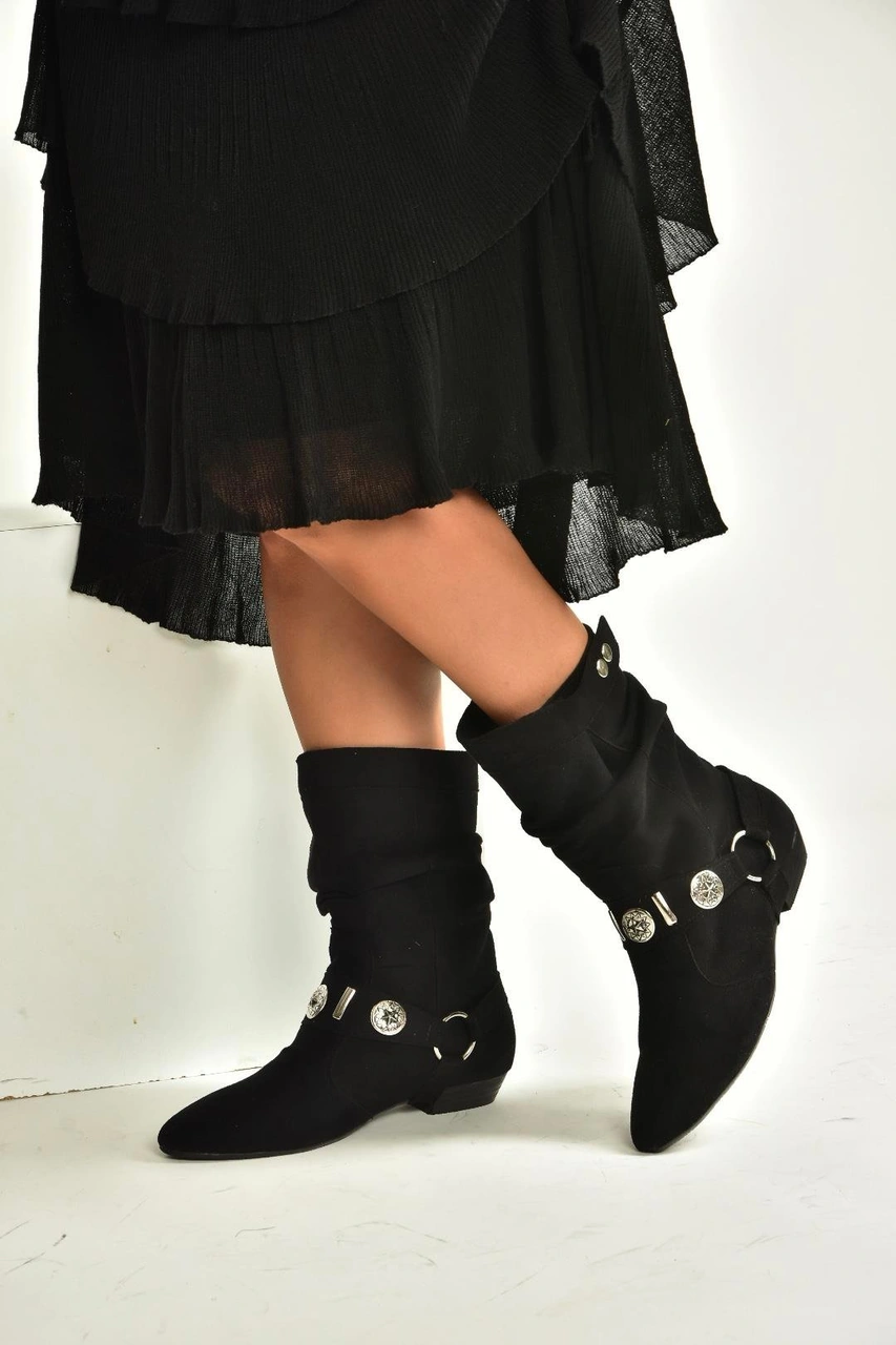 Fox Shoes V380519002 Siyah Süet Düz Tabanlı Rahat Kalıp Kadın Bot Siyah-Süet