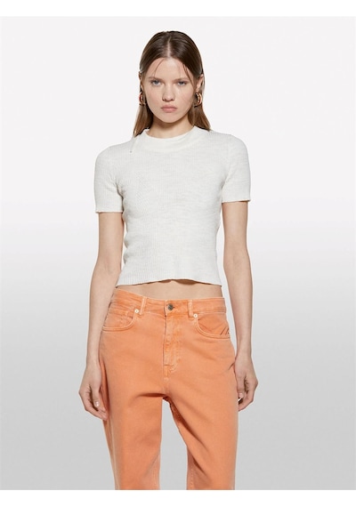 Sisley Keten Karışımlı Slim Fit Kısa Kollu Kazak Kadın Beyaz Kazak - 325p105gm106g Krem
