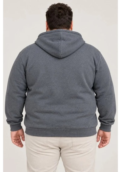 Butik İstanbul Erkek Battal Büyük Beden Üç İplik İçi Şardonlu Kapüşonlu Tam Fermuarlı Kışlık Sweatshirt - Füme
