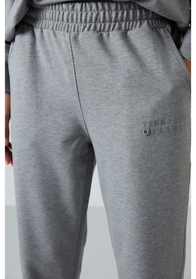 Tommy Life Gri Melanj Basic Pamuklu O Yaka Oversize Lastik Paça Kadın Eşofman Takım - 95287 GRİ MELANJ