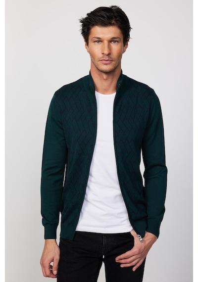 Tudors Slim Fit Dar Kesim Yarım Balıkçı Yaka Fermuarlı Önü Desenli Yeşil Erkek Hırka-29526 Multi Çok Renkli