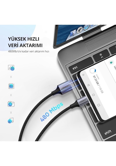 Ugreen 2.0 A Usb-a & Usb-c Örgülü Şarj Ve Data Kablosu, 25 Santimetre, Siyah, 60124, 60124 Siyah
