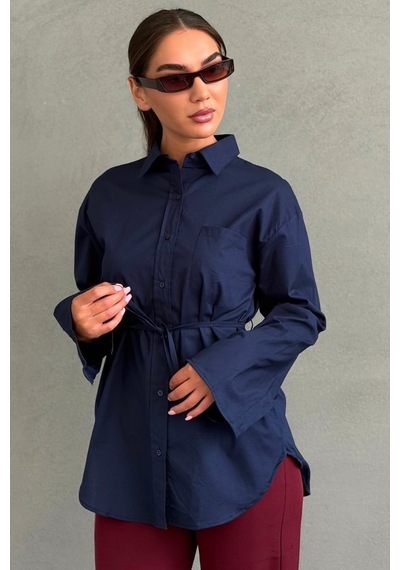 Madmext Lacivert Belden Bağlamalı Oversize Cepli Gömlek Mg2798