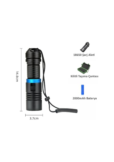Valkyrie Profesyonel Şarjlı Su Altı Dalış Feneri Metal Kasa Yüksek Aydınlatma Su Geçirmez 2000mah Kutulu