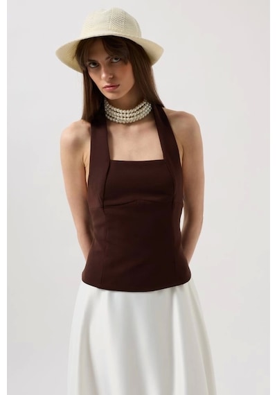 Defymoda Kalın Askılı Crop Bluz Kahverengi