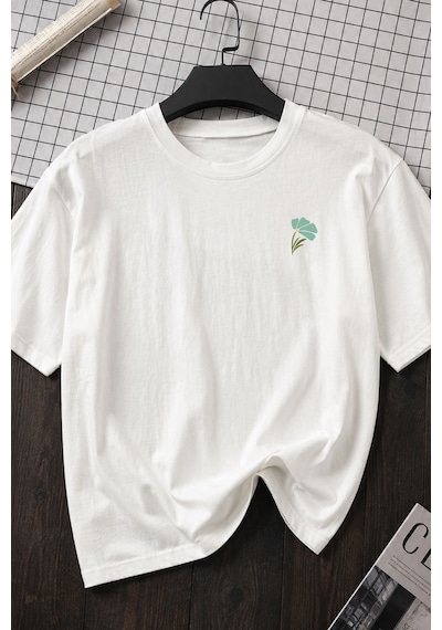Spoyi Pastel Flora Tasarımlı %100 Pamuk Yarım Oversize Beyaz T-shirt
