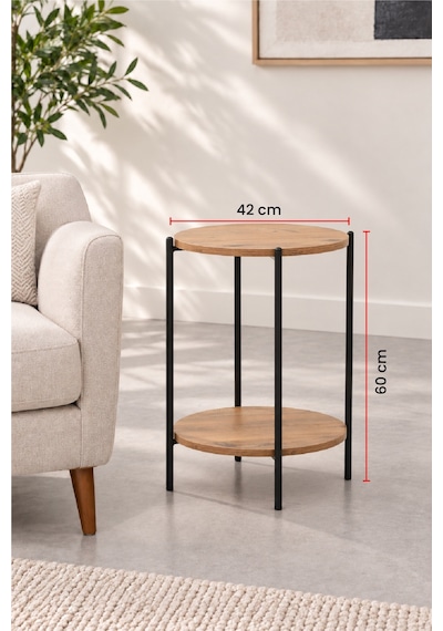 Sehpol Yuvarlak Tablalı İki Raflı Sehpa Q42x60 Cm Antrasit - Atlantik Çam