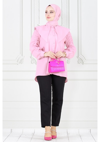Sevitli Büyük Yaka Kolu Büzgü Detaylı Tunik-pembe-3862-pembe Pembe