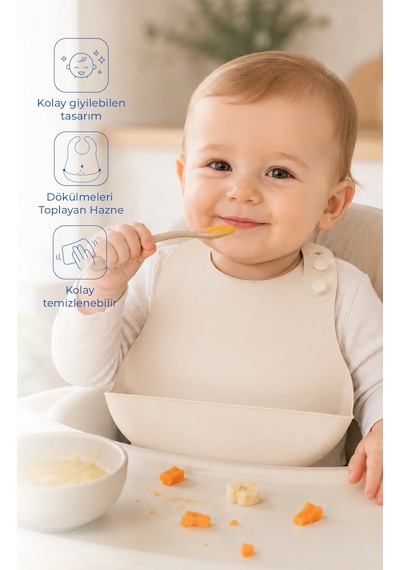 Babyjem Mini Silikon Mama Önlüğü Ekru