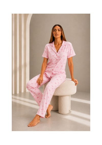 Fit Women Kadın Kısa Kol Rahat Kalıp Şık Pembe Pijama Takımı