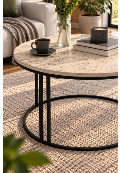 Sulorahome Yuvarlak Traverten Desenli Orta Sehpa - Metal Ayaklı
