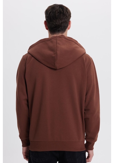 Tudors Unisex Relax Fit Rahat Kesim Pamuklu İçi Polarlı Çift Cepli Tam Fermuarlı Kahverengi Kapüşonlu Sweatshirt-41654 Kahverengi