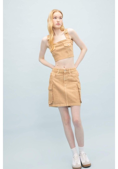 Defacto Coool Kargo Fit Gabardin Yıkamalı Soluk Efektli Mini Etek C4456AX24SPBG387 Bej