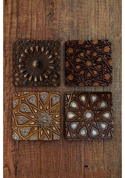 Doğal Taş Bardak Altlığı 4'lü Set - 10x10x1cm Geometrik Desenler - Stone Coasters Çok Renkli