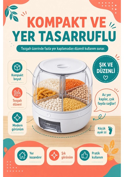 Tek Tuşla Kullanılan Şeffaf Kapaklı Bakliyat Saklama Kabı 6 Bölmeli Döner Hazneli