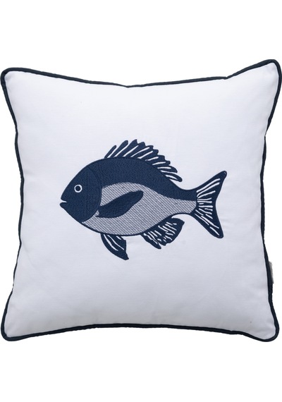 Mudo Home Marin Fısh Nakışlı Kırlent Beyaz Lacivert 50x50 Cm