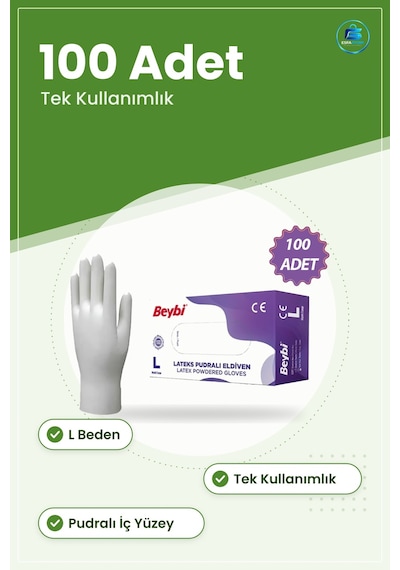 Lateks Pudralı Muayene Eldiveni L 100 Adet Tek Kullanımlık Hijyen