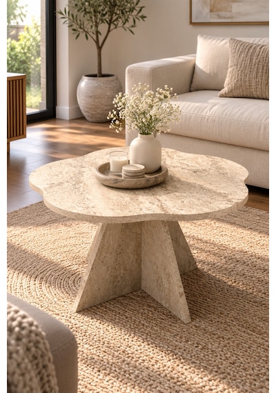 Sulorahome Çiçek Formlu Traverten Desenli Bej Orta Sehpa 70 Cm Akçaağaç