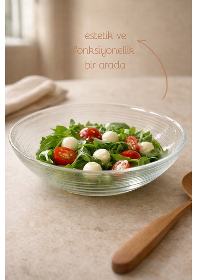 El Yapımı Cam, 19cm Line Model Kase - Bowl Kasesi - Salata Kasesi Şeffaf