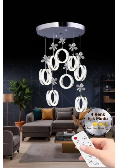 LumiaLighting Aurea Model 8'li Gümüş Kumandalı 3 Renk Modu Ledli Kristal Taşlı Modern Salon Mutfak Oturma Odası Led Avize