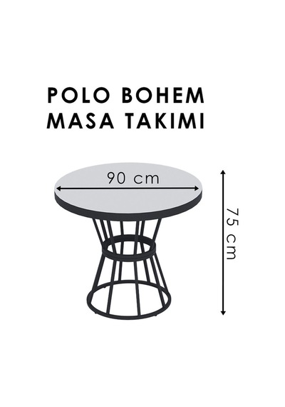 Bohem Polo Yuvarlak Masalı 4 Kişilik Siyah Gri