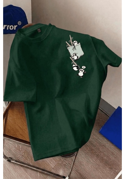 Bambu Panda Grafikli Cep Detaylı Kısa Kollu Oversize Unisex Bisiklet Yaka Tişört Yesıl