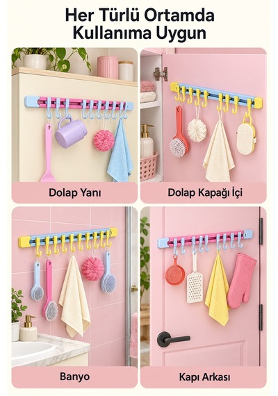 10 Kancalı Raylı Askı Mutfak Banyo Dolap İçi Kupa Fincan Havlu Düzenleyici Aparat Diğer