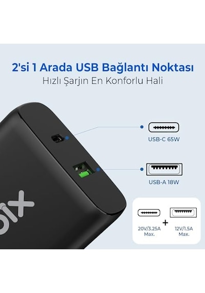 Bx2p65g Gan Pd 65w Type-c Ve Usb-a Qc 18w Çift Portlu Akım Korumalı Hızlı Şarj Cihazı Siyah