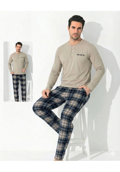 Modadua Boyraz 0697 Erkek Uzun Kol Penye Pijama Takımı Bej