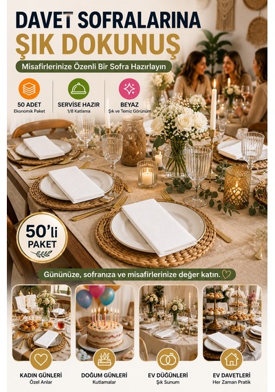 40x40 Cm Beyaz Garson Katlama Peçete 2 Katlı 1/8 Katlı 50 Adet Düğün Davet Catering Servis Peçetesi
