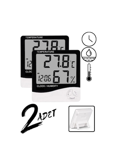 2 Adet Dijital Termometre Sıcaklık Ve Nem Ölçer Masa Saati Alarm