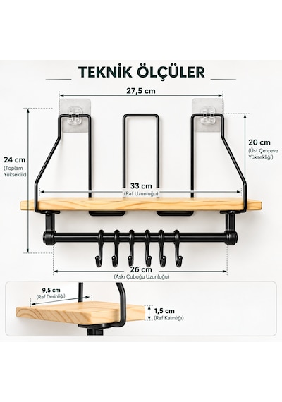 Tek Katlı Askılıklı Dekoratif Retro Duvar Rafı Cnc Desenli Vidasız Metal Ahşap Siyah Ahşap - Siyah