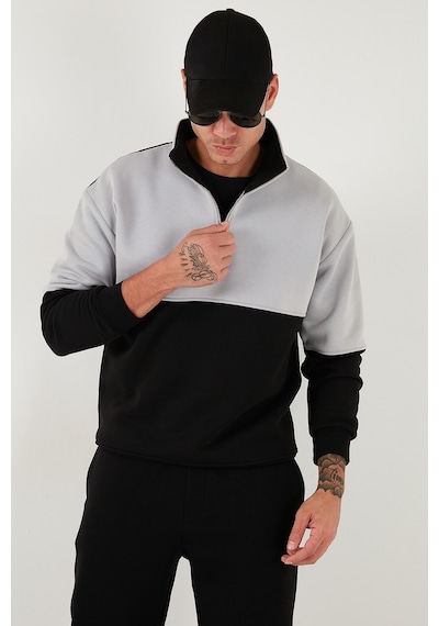 Buratti Renk Bloklu Regular Fit Yarım Fermuarlı Dik Yaka Erkek Sweat 5905719 Siyah